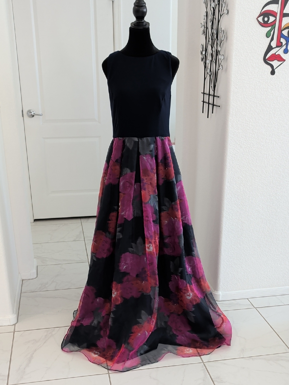 Eliza J Epanoui Gown Navy Blue Bodice Floral Organza Bottom Pockets 6 8 10 M - Picture 1 of 16